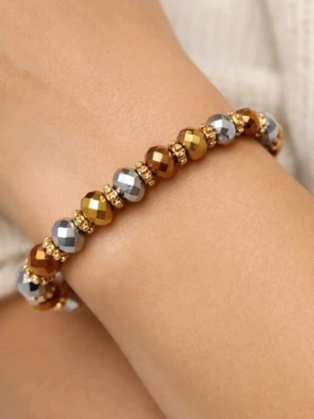 Handmade Faceted Beaded Stretch Bracelet - Metallic Silver, Gold & Copper - Picture 1 of 10